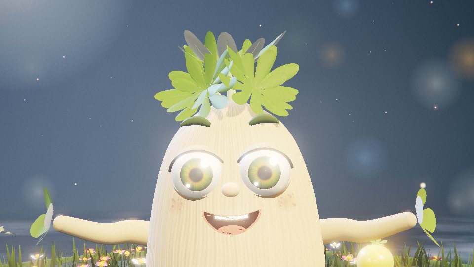 Yagrumo, a smiling sapling with big eyes and a crown of leaves, waving on his floating island at night