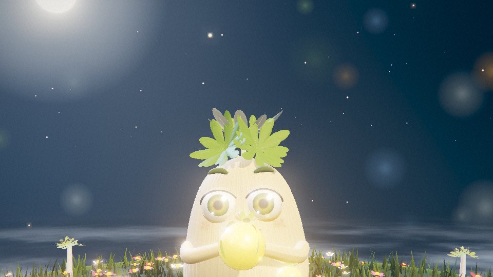 Yagrumo holding up a golden fruit in a starry night